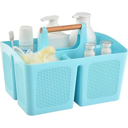 ALINK Portable Shower Caddy Basket with Compartments, Plastic Divided Cleaning Caddy Organizer Storage Tote with Handle for Bathroom, College, Dorm Room Essentials - Blue