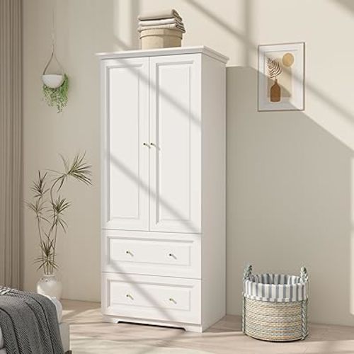 White Wardrobe with 2 Drawers: 74" Wooden Wardrobe Closet for Hanging Clothes, Tall Armoire Closet with 2 Doors, Bedroom Armoires with Hanging Rod (32")