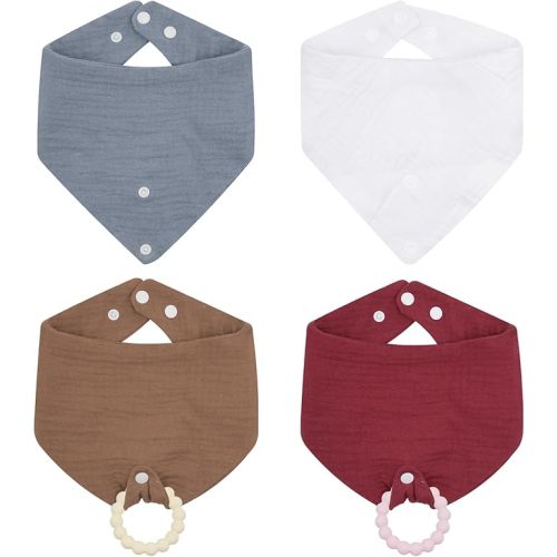 CUXFLS 4-Pack Organic Cotton Baby Drool Bibs with 2 Teething Toys for Infants 0-24 Months, Absorbent Crinkle Bibs for Drool Protection(Color C)