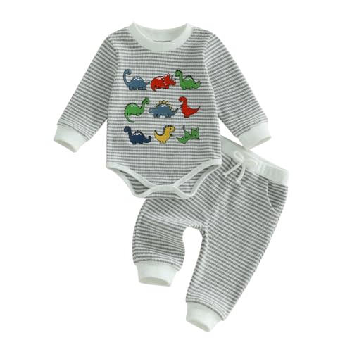 Baby Boy Fall Clothes Striped Dinosaur Long Sleeve Romper and Pants Set | Waffle Knit Clothing Set,3 6 9 12 18 Months,Baby Boys Winter Outfits,Newborn,Infant,Coming Home Outfit