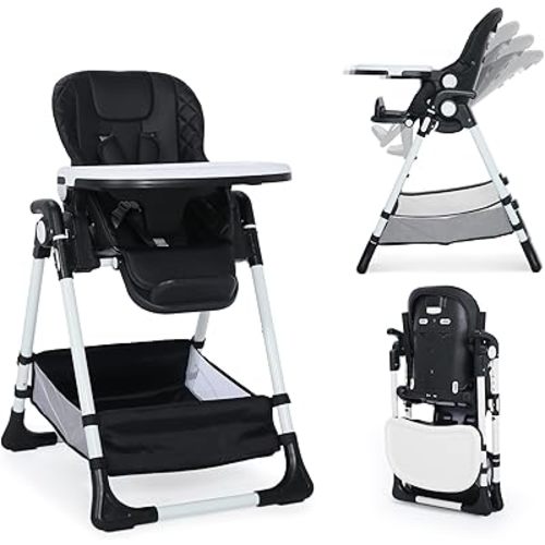 3 in 1 Foldable Baby High Chair, Infant High Chairs for Babies and Toddlers, 6 Height & 4 Recline Adjustable Toddler Feeding Chair, 2 Built-in Wheels, Large Storage Space, Black