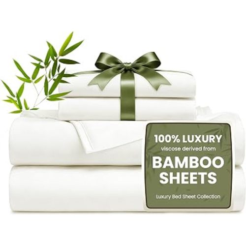 Love's cabin 4 Piece Full Size Sheet Set, 100% Rayon Derived from Bamboo, Cooling & Breathable, Soft Silky Deep Pocket up to 16", Hotel Luxury Bedding for Hot Sleepers, White