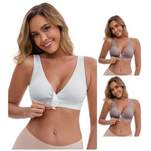 INSPIRE CHIC Women's Front Closure Wireless Postpartum Cotton Breastfeeding V-Neck Push Up Ribbed Nursing Bras 3 Packs 2 Purple+1 Gray XX-Large