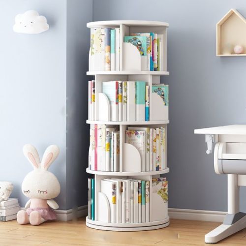 Round Rotatable Bookcase Wooden Open Storage Bookshelf for Home Office - White 15.7"L x 15.7"W x 50.4"H