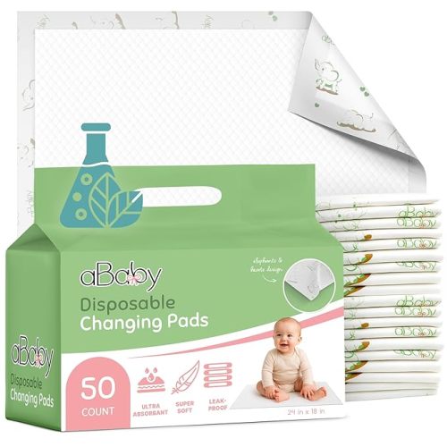 Disposable Changing Pads for Baby (50 Pack) Super Soft and Ultra Absorbent Baby Changing Pad - Leak Proof Diaper Changing Pads for Stress-Free Baby Diaper Changes - Green Elephant