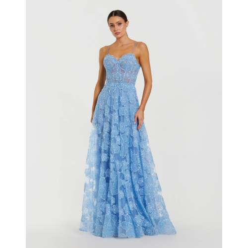 Blue Embroidered Sweetheart Neck A-Line Gown