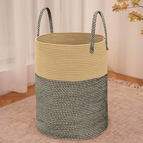 Large Woven Laundry Basket Hamper,60L Cotton Rope Storage Bin for Blankets,Toys and Clothes,Decorative Tall Nursery Hamper for Living Room,Baby Nursery,Bathroom and Bedroom,Brown and Black