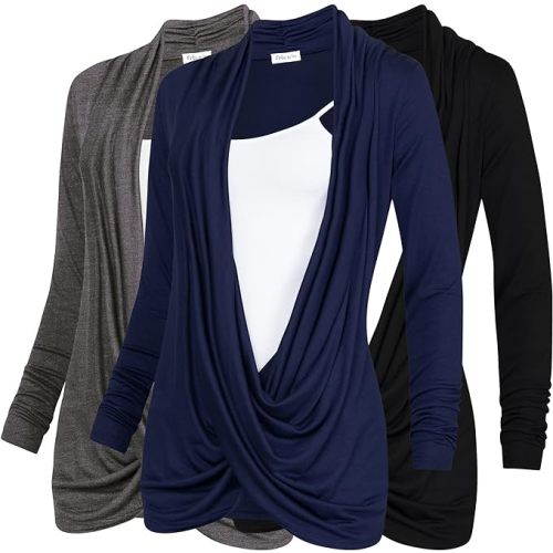 Free to Live 3 Pack Long Sleeve Nursing Tops Breastfeeding Shirts Cardigan Sweaters for Women Lightweight Postpartum Clothes - Medium - Black, Charcoal and Navy