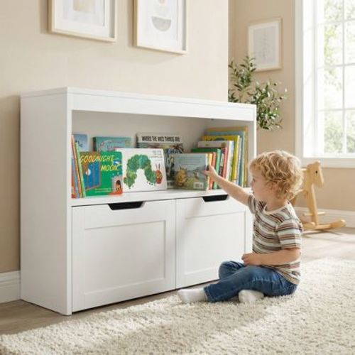 White Kids Storage Organizer – 2-in-1 Bookcase & Toy Cabinet with Display Shelves and Storage Bins for Bedroom, Playroom & Nursery Organization