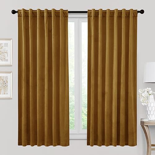 RYB HOME Gold Brown Velvet Curtains 72 inches for Farmhouse - Smooth Plush Privacy Blackout Energy Efficient Window Treatment Vintage Luxury Decoration for Retro Bedroom, 2 Pieces