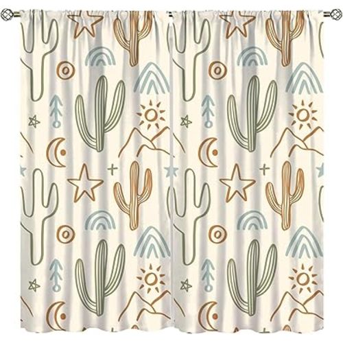 Cactus Curtains Cartoon Desert Plant Sun Moon Pattern Living Room Decor for Kitchen Bedroom Printed Curtains 42x45 Inches 2 Panels