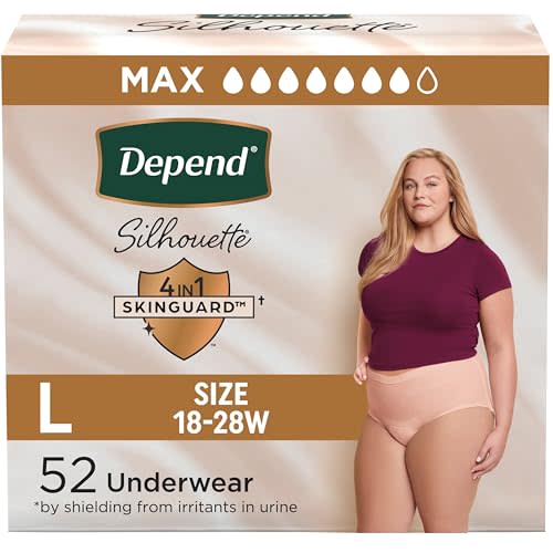 Depend Silhouette Adult Diapers, Incontinence & Postpartum Bladder Leak Underwear for Women, Maximum Absorbency, Large, Pink, 52 Count (2 Packs of 26), Packaging May Vary