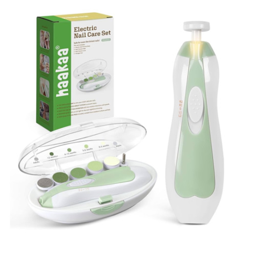 haakaa Baby Nail File Electric Baby Nail Care Set with LED Light, Baby Nail Clippers for Newborn/Infants/Adults Toenails and Fingernails, 6 Replacement Heads & Storage Case, Green