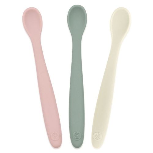 WeeSprout Silicone Baby Spoons, First Stage Infant Feeding Utensils With Soft-Tip - Set of 3 (Matte Green, Pink, Off White)