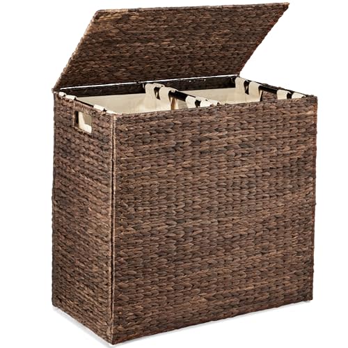 Best Choice Products Large Double Laundry Hamper with Lid, Natural Handwoven Water Hyacinth, 2 Sections w/ 2 Machine Washable Linen Liner Bags, Portable, Handles - Espresso
