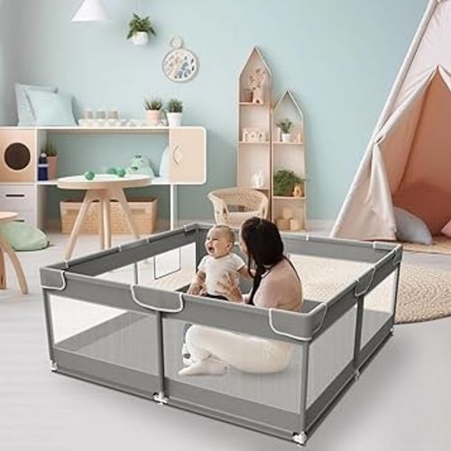 Baby Playpen, 50 x 50 inch Baby Playard, Travel Pack N Play, Pack and Play for Indoor & Outdoor, Playpen for Babies and Toddlers, Baby Fence play Pen, with Soft Breathable Mesh, Grey