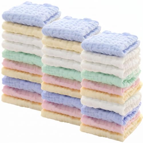 Chumia 30 Pcs Baby Muslin Burp Cloths, Watercolor Color | Natural Cotton Washcloths for Newborn Face Bath, Soft Absorbent Wipes for Feeding, Reusable Baby Towels Bulk 12x12 Inch