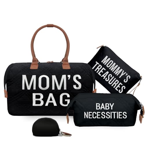 printe Mommy Diaper Bag Tote with 2 Organizers, Large Mom‘s Bag for Hospital & Travel Baby Diaper for Baby Care (Quilted Embroidery-Black)