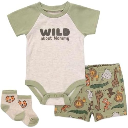 Baby Essentials Baby Boy 3 Piece Outfit Set – Bodysuit, Shorts & Socks – Spring & Summer Baby Clothes Gift Set