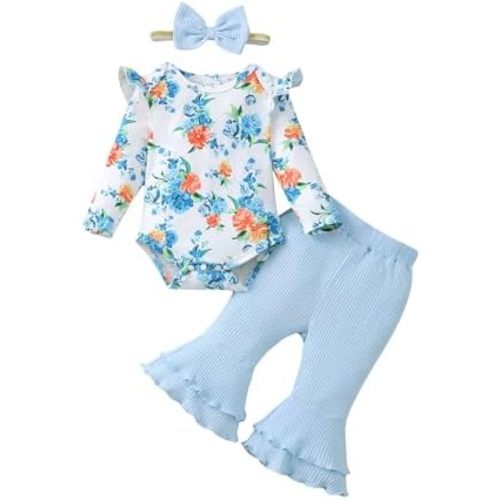 SUNNY PIGGY Baby Girl Clothes Ruffle Short Sleeve Romper Long Pants Set with Headband Newborn Infant Outfits