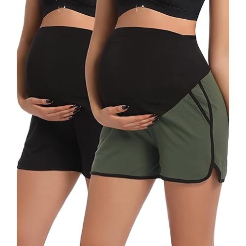 SUIEK 2 Pack Women's Maternity Shorts Cotton Over Belly Workout Pants Pregnancy Lounge Sleep Shorts
