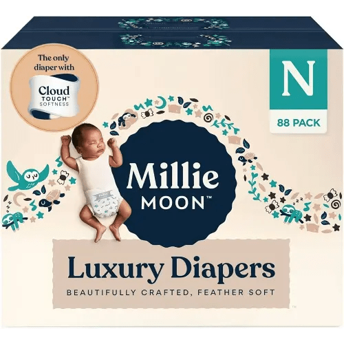 Millie Moon Luxury Diapers – Ultra Soft Cloud Touch Disposable Diapers with 12 Hour Absorbency & Wetness Indicator (N - 88ct)