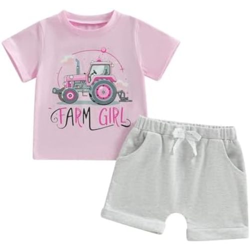 Fernvia Baby Girl Summer Clothes 3 6 12 18 24 Months Toddler Outfit Letter Tractor Short Sleeve Shirt Tops Shorts Set