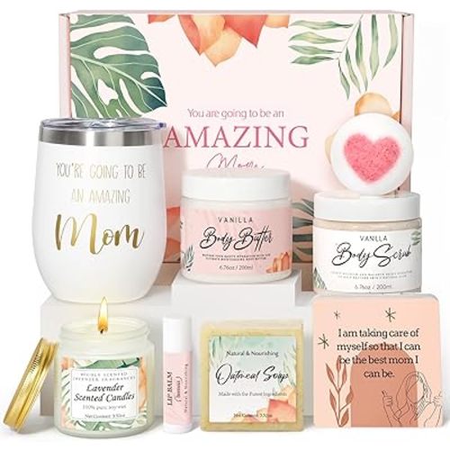 New Mom Gifts for Women, Pregnancy Gifts for Expecting Mom, new Mom Care Package After Baby, Mothers Day Mom to Be Gift Mama Must Haves with Affirmation Cards Candle for Self Care After Birth (Pink)