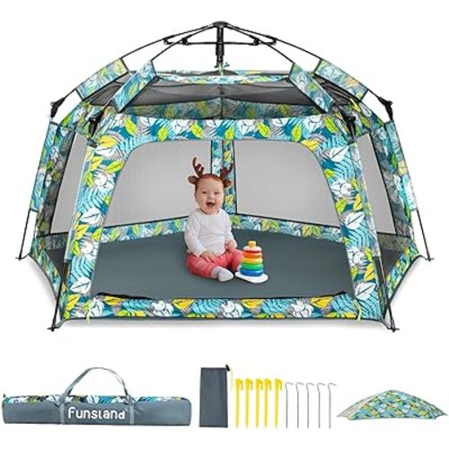 Funsland Baby Playpen Pop-up Tent - Outdoor & Indoor Play Tent for Beach with Canopy Travel Bag Portable Play Yard for Babies & Toddlers (Forest)