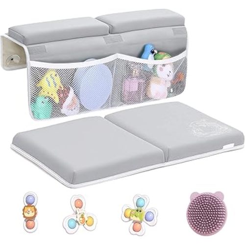 Mostop Bath Kneeler and Elbow Rest Pad Set - Bathtub Kneeling Pad for Baby Bathing - Thick Quick Dry Kneeling Pad Support for Knee & Arm - Non-Slip Bathtub Mat with Toys Organizer, 3 Bath Toys