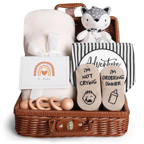 iAOVUEBY Baby Shower Gifts, Baby Gifts for Girls Boys, Unique Baby Gifts Basket Essentials Stuffs - Baby Lovey Blanket Newborn Bibs Socks Wooden Rattle & Greeting Card, Newborn Baby Gift Set