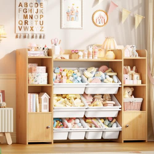 FOTOSOK Toy Storage Organizer with 8 Toy Bins, Toy Organizer Toy Bin for Kids | Stuffed Animal Storage Organizer, Playroom Storage and Toy Chest, Natural
