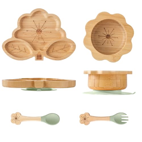 MingHoYo Bamboo Suction Plates Bowls Set for Baby Toddler - Includes Bamboo Bowl, Divided Plate, Silicone Fork & Spoon, All-Natural Baby Feeding Set for Baby-Led Weaning