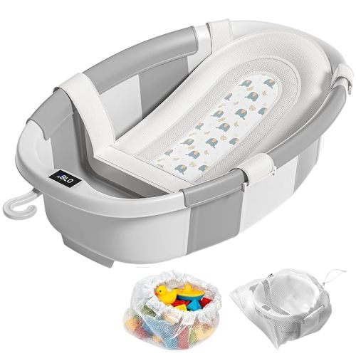 Collapsible Baby Bathtub with Soft Cushion and Thermometer, Newborn to Toddler Tub 0-36 Months with Toy Storage Mesh Bag, Portable Travel Bath for Infants (Grey)