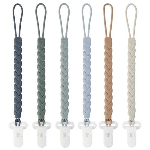 6-Pack Silicone Pacifier Clips with a Woven Rope Shape for Baby Boys and Girls - Flexible and Rust-Free Holders for Teething Relief and Baby Essentials, Safe for Newborns (Grey)