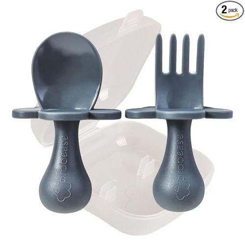Grabease Baby Feeding Utensils Set - Ergonomic Grip for Self-Feeding - Anti-Choke Collar & Toddler Cutlery Safety - Dishwasher Safe & Travel-Ready Baby Feeding Set - Gray, Pack of 1