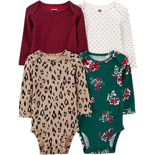 Carter's Baby 4 Pack Long Sleeve Bodysuit Set, Multi/Floral/Leopard, Newborn