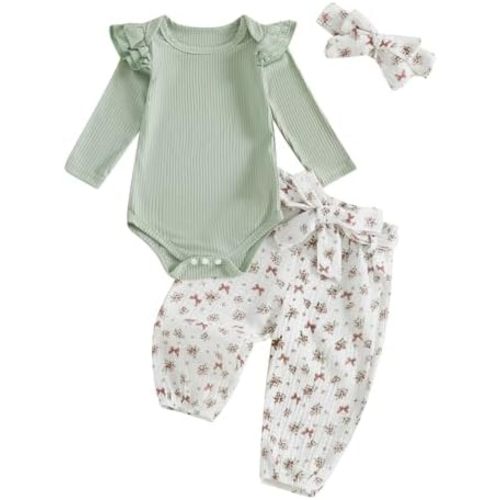 Hnyenmcko Newborn Baby Girl Fall Outfits Rib Frill Long Sleeve Ruffled Romper Solid Pants Headband Set 3Pcs Winter Clothes