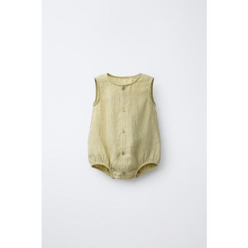 100% STRIPED LINEN ROMPER - Mid-green | ZARA United States