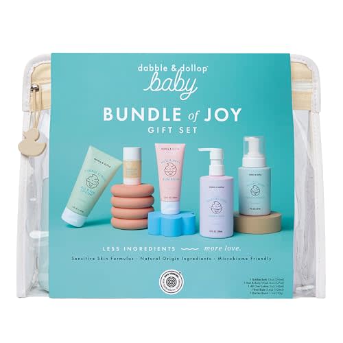 Dabble & Dollop Baby Bath Gift Set – Newborn Essentials with Tear-Free Baby Soap, Bubble Bath, Lotion, Diaper Cream & Balm, Fragrance-Free & Safe for Sensitive Skin (5 Full-Sized Products)