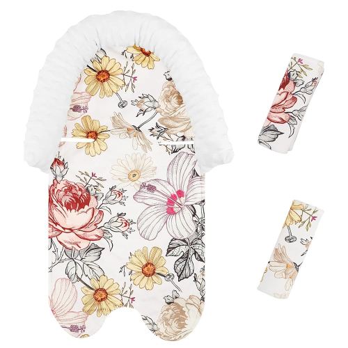 2-in-1 Baby Head Support and Strap Cover for Car Seat, Super Soft Mink Floral CarSeat Insert Cushion Headrest for Bouncers, Strollers, Swing
