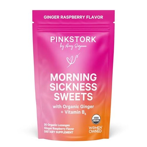 Pink Stork Morning Sickness Sweets, Organic Raspberry Ginger Candy with Vitamin B6, Support for Motion Sickness, Prenatal Heartburn - Pregnancy Must Haves - 30 Wrapped Drops