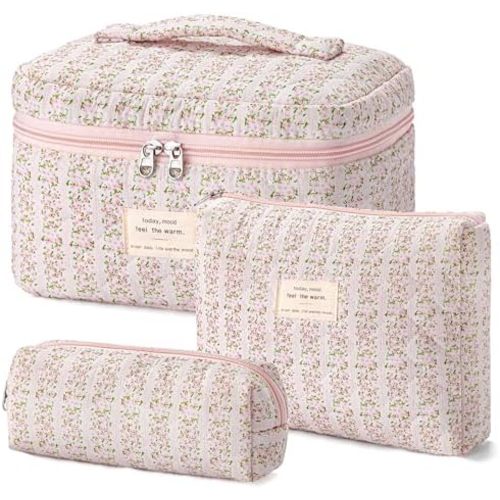 HBselect Quilted Makeup Bag, 3PCS Cotton Large Travel Makeup Bag, Cute Floral Coquette Make up Bag Cosmetic Bag Toiletry Bag for Women Girls