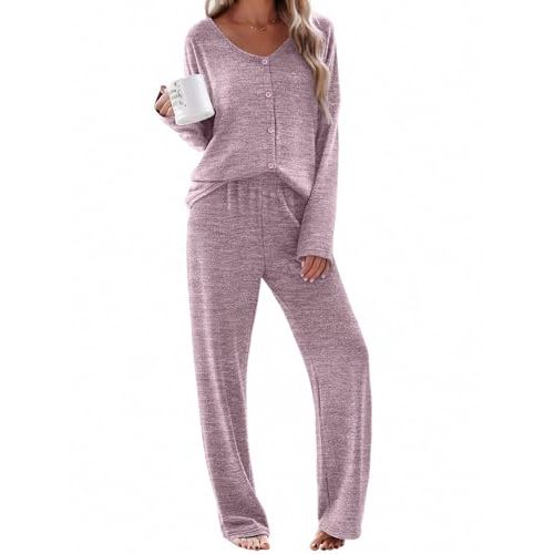 Ekouaer Womens Pajama Sets Button Up Long Sleeve Lounge Set Soft V Neck Pj | Elastic Waist Pants with Side Pockets, Fall Winter Sleepwear for Pajama Party, Maternity, Postpartum