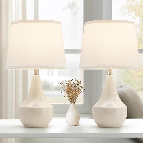 GyroVu Table Lamp Set of 2, 18.63” Ceramic Table Lamp Classic Beside Lamps Nightstand Lamp Modern Lamp for Living Room, Bedroom & Office Rocker Swtich Cream-LED Bulbs Included