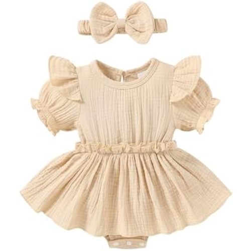 Happy Town Newborn Baby Girl Clothes Infant Summer Romper Ruffle Puff Sleeves Jumpsuit with Headband Toddler Outfits