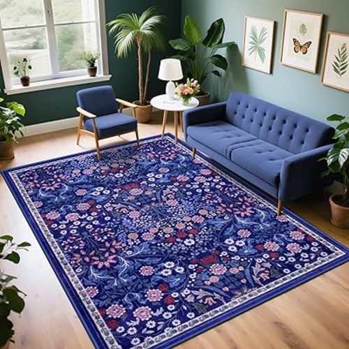 Area Rug Living Room Rugs: Floral 4x6 Washable Rug Vintage Soft Boho Non-Slip Carpet Indoor Floor Stain Resistant Large Carpets for Bedroom Dining Room Farmhouse Nursery Hallway Home Office Blue