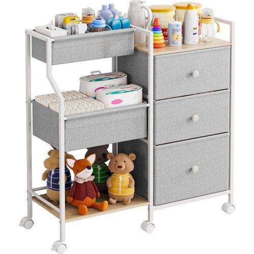 Baby Diaper Caddy Organizer Cart - 3 Tier Rolling Cart with Dividers and Drawers, Easy To Assemble, Mobile Utility Cart with Wheels for Nursery, Bedroom, Changing Table & Crib
