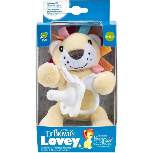 Dr. Brown's Baby Lovey Pacifier & Teether Holder, Lion with White HappyPaci, 100% Silicone, 0-6m
