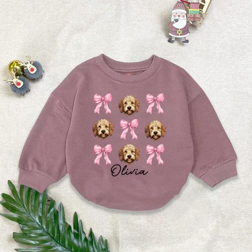 Custom Name Doodle Dog Romper, Goldendoodle Bodysuit, Pink Bow Baby Girl Outfit, Dog Lover Baby Shower Gift For Baby